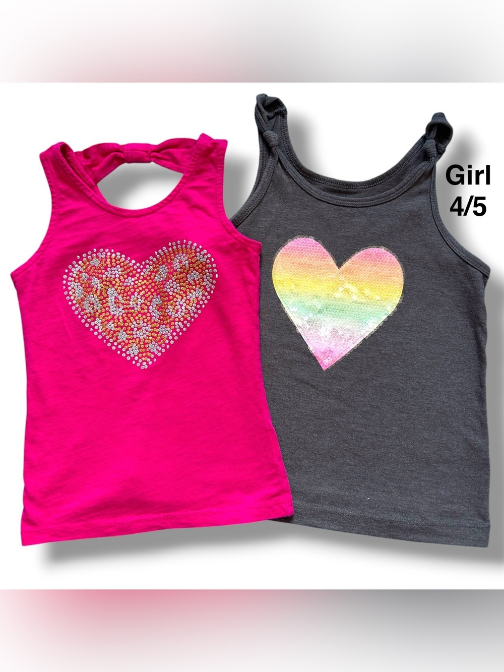 Girls' Sequin Heart Tank Tops - Hot Pink & Charcoal Size XS  - 4/5